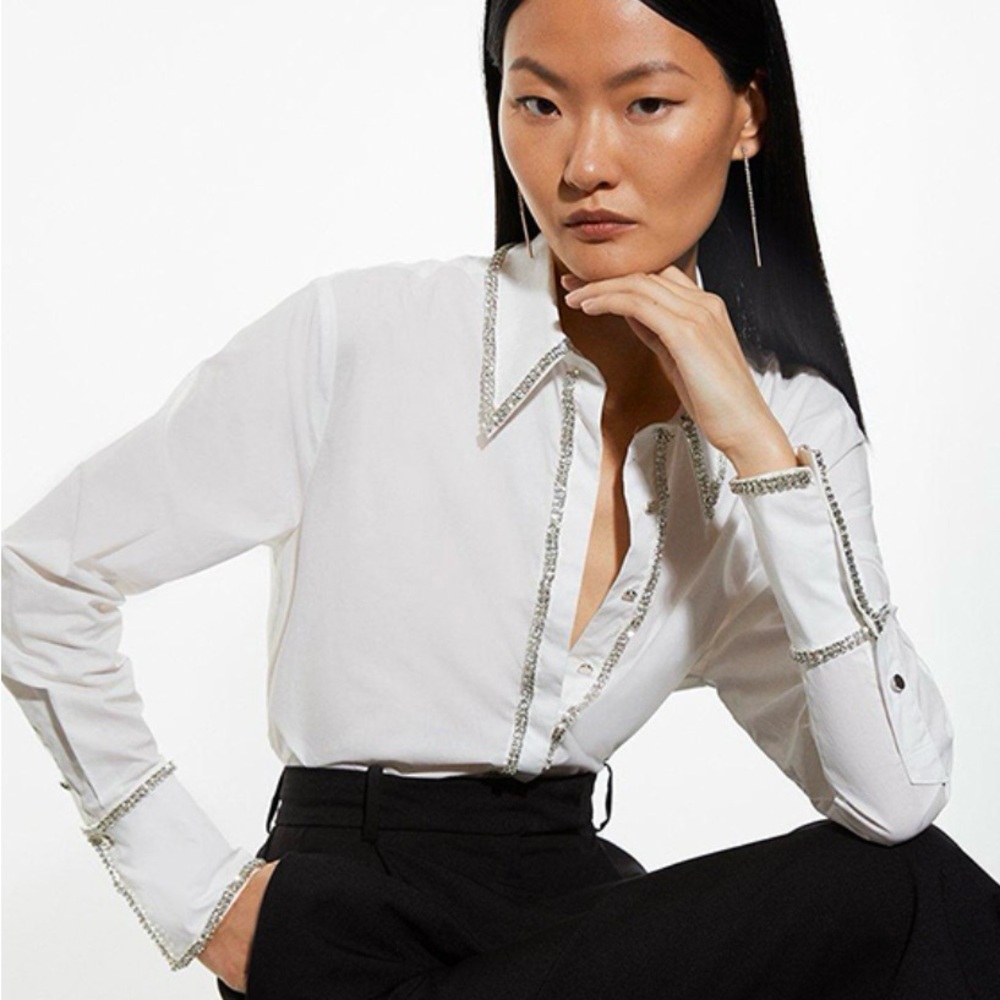 Karen Millen Cotton Poplin Embellished Trim Woven Shirt in White